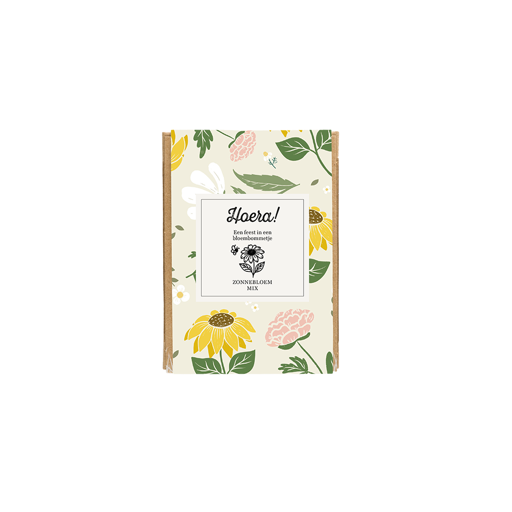 Gift Box Mini "Hoera!" met 4 Zonnebloem Mix Zaadbommetjes