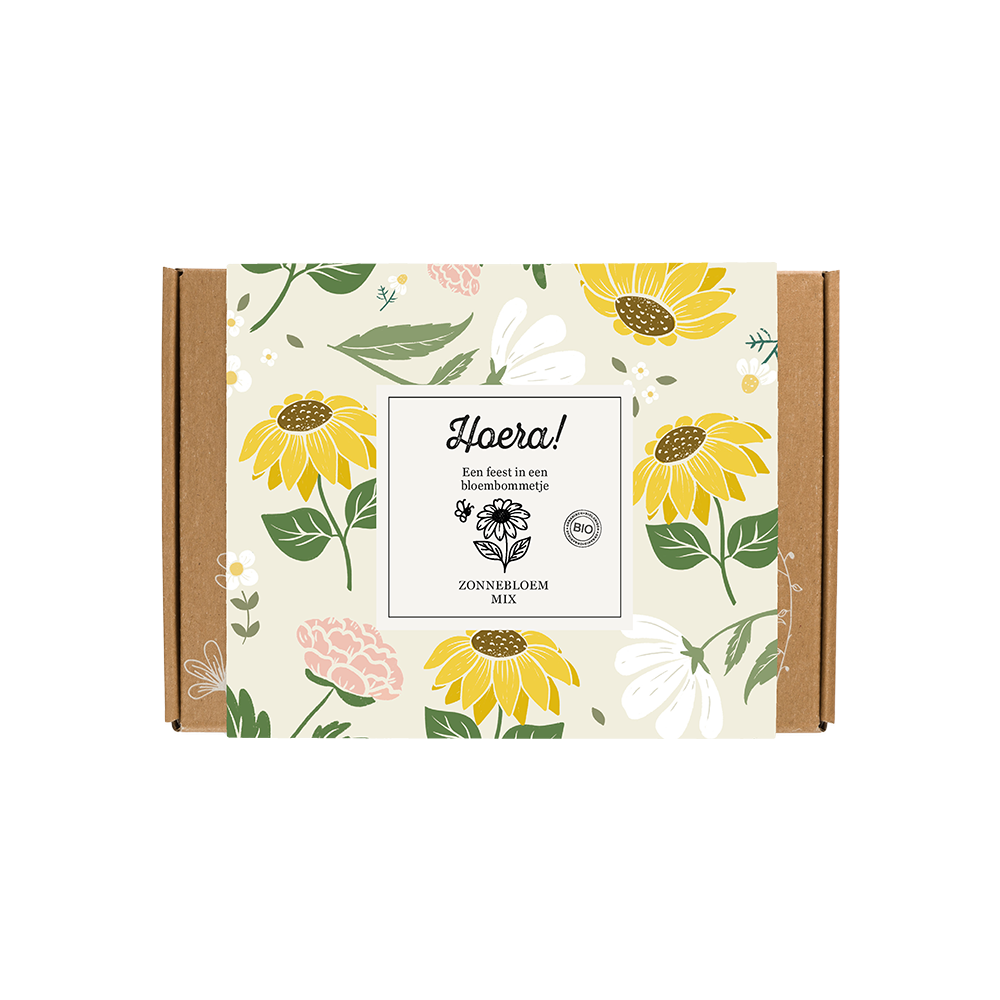 Gift Box Small "Hoera!" met 7 Zonnebloem Mix Zaadbommetjes