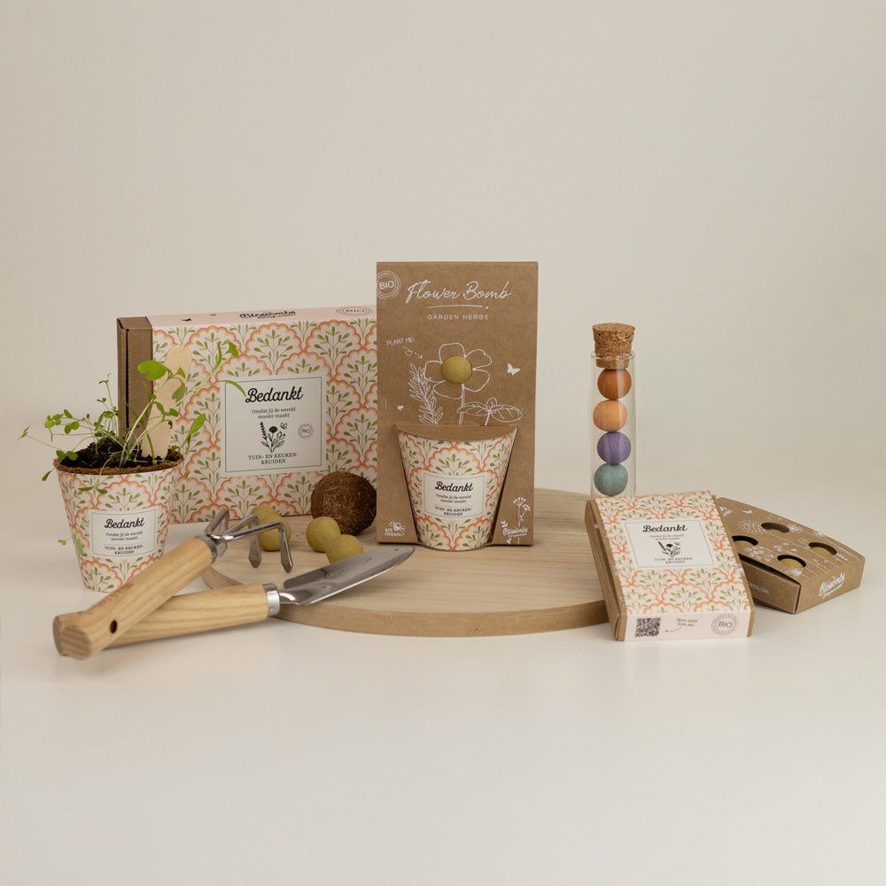 Gift Box Mini "Bedankt" met 4 Tuin- en Keukenkruiden Mix Zaadbommetjes