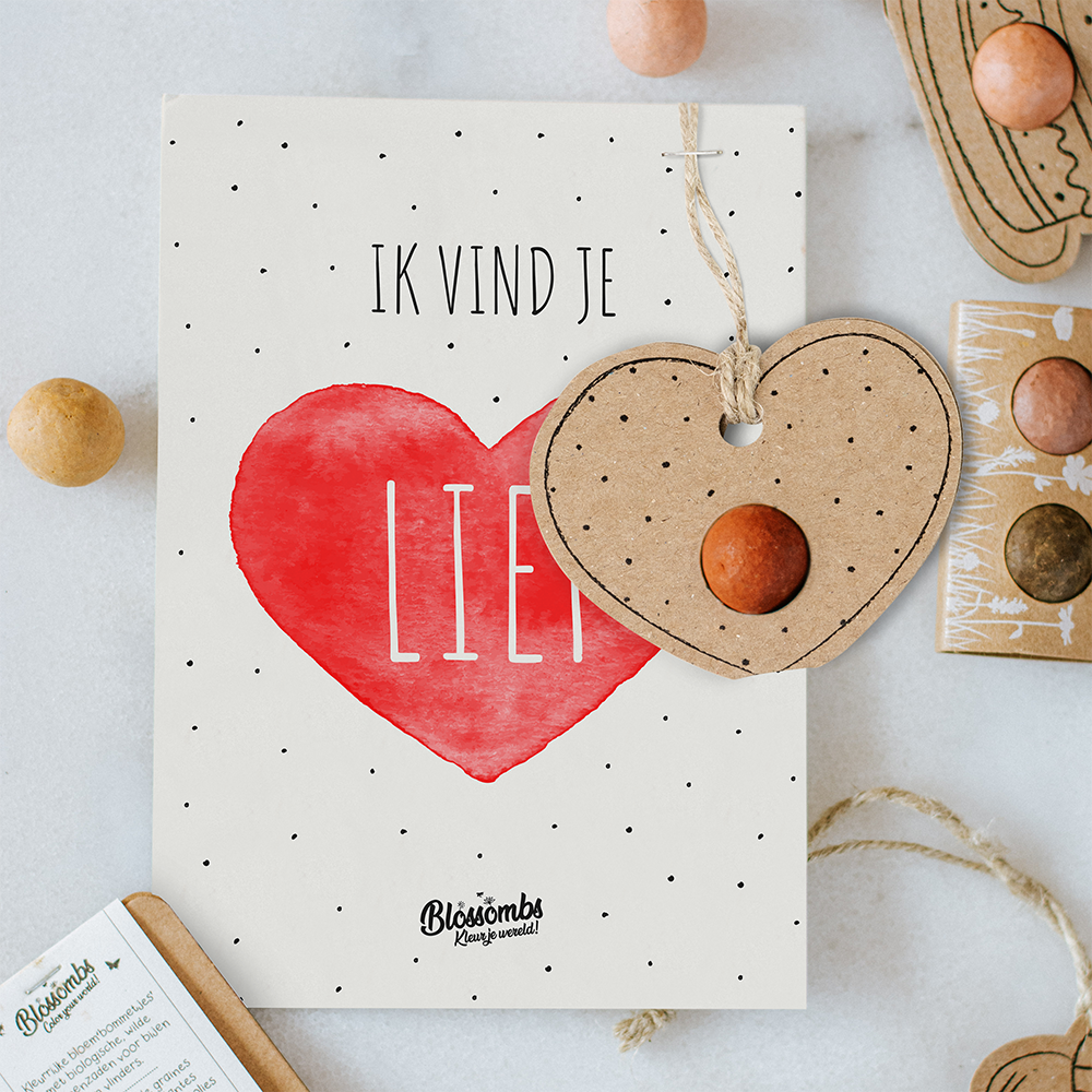 Kaart "Ik vind je lief" met zaadbommetje in Hartje