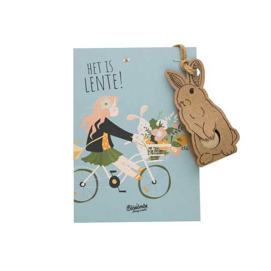 Hanger Konijn met bloembommetje op kaart "Fiets"