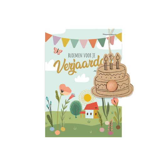 Kaart "Bloemen voor je verjaardag" met taarthanger en zaadbommetje