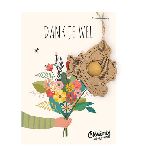 Kaart "Dank je wel" met hommelhanger en bloembommetje