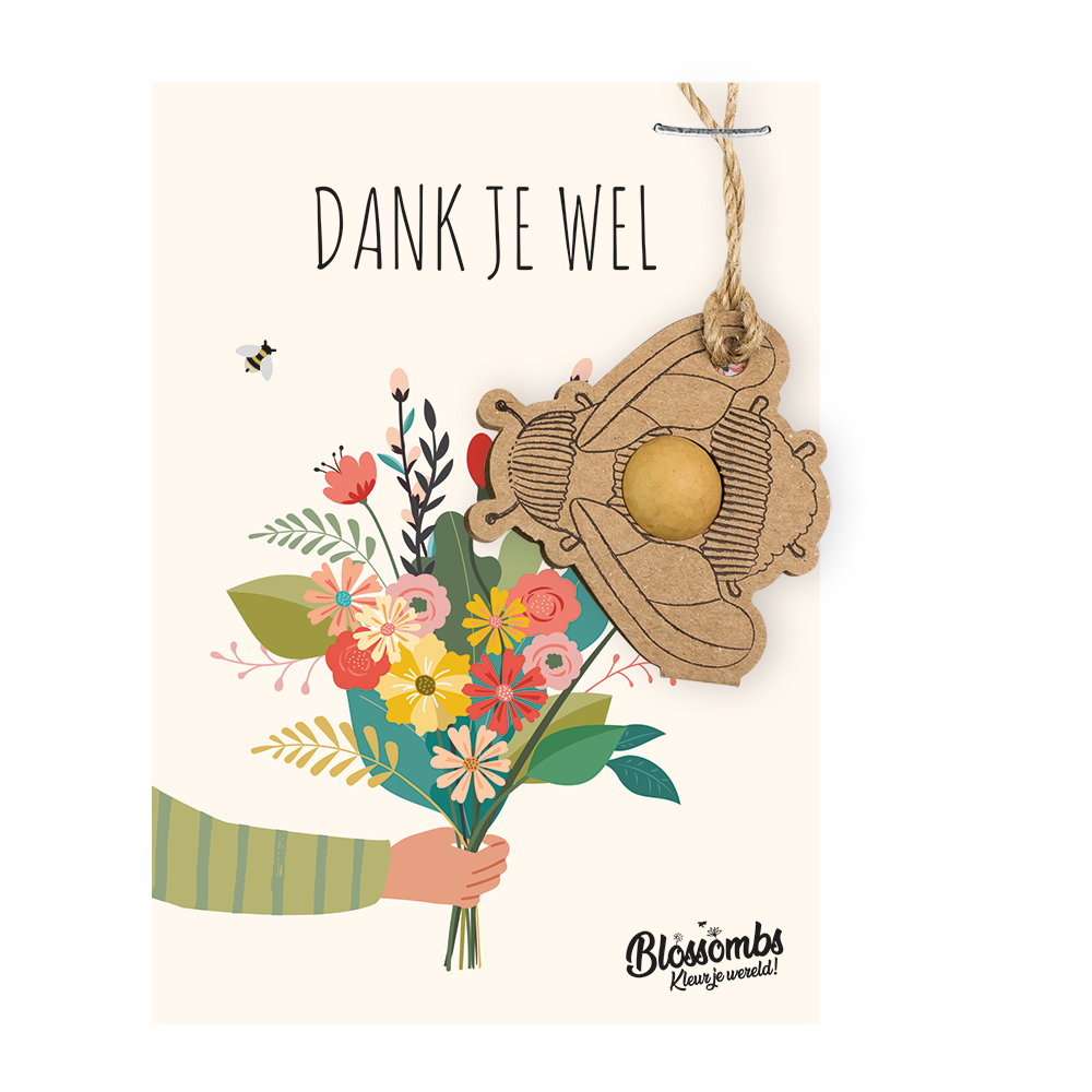 Kaart "Dank je wel" met hommelhanger en bloembommetje