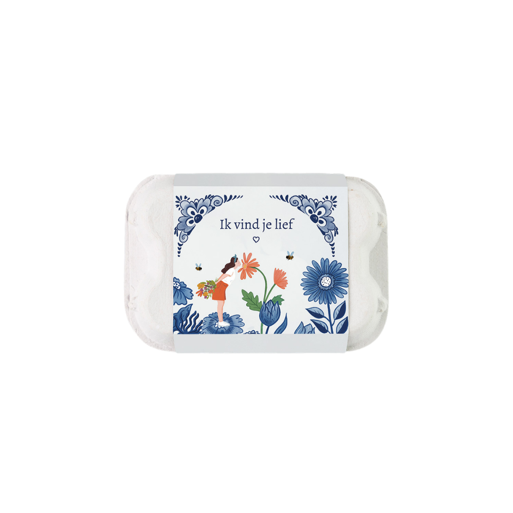 Eierdoosje met 6 bloembommetjes - Delft Blue Kisses