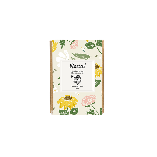 Gift Box Mini "Hoera!" met 4 Zonnebloem Mix Zaadbommetjes