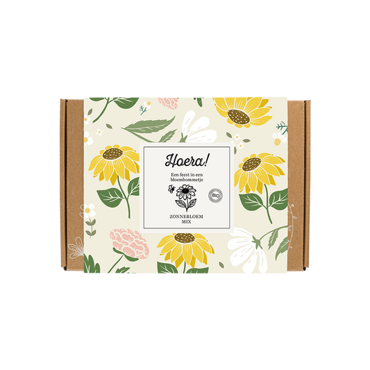 Gift Box Small "Hoera!" met 7 Zonnebloem Mix Zaadbommetjes