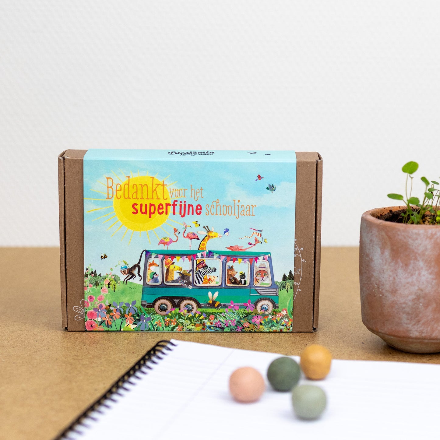 Gift Box Small Schoolbus "Bedankt" met 7 Wilde bloemen Mix Zaadbommetjes