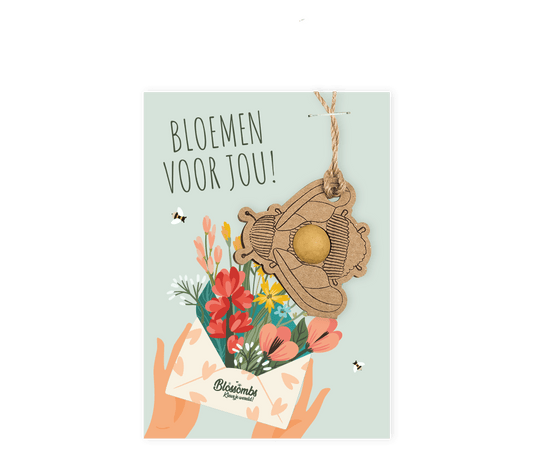 Hanger Hommel met bloembommetje op kaart "Bloemen voor jou"