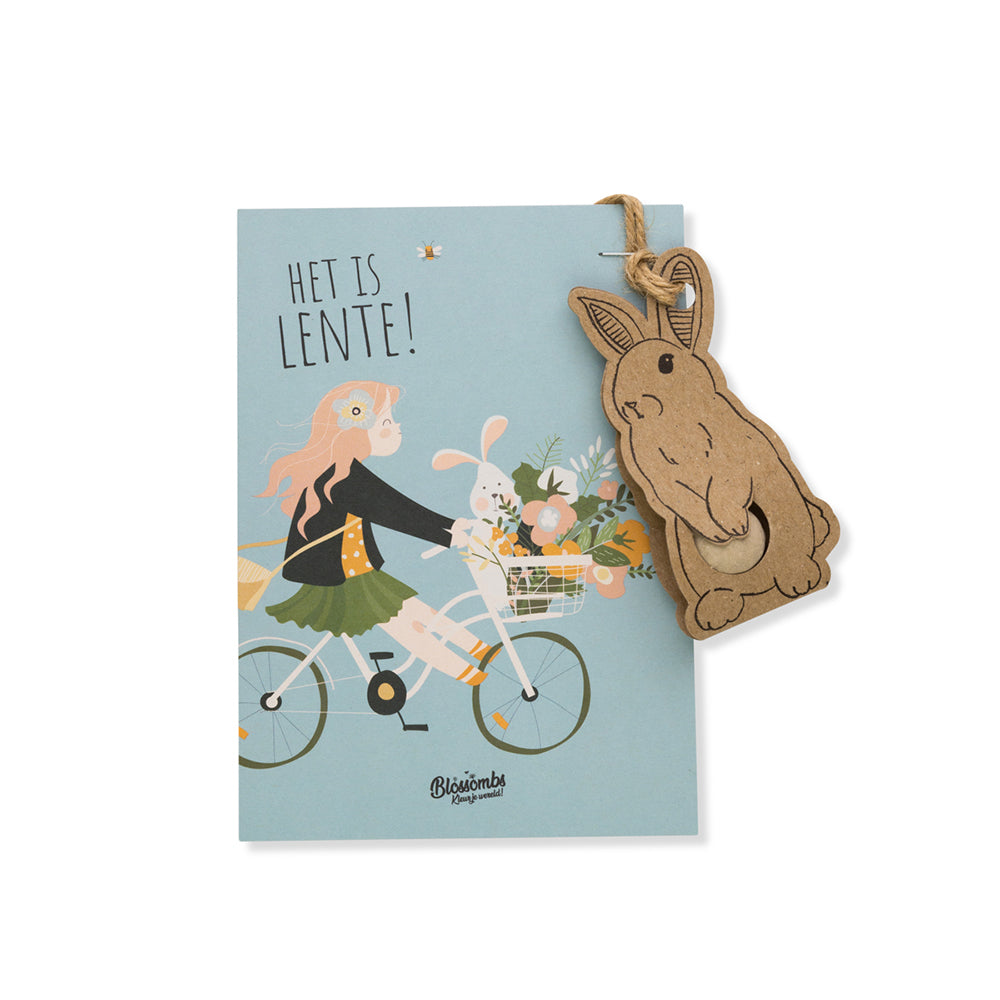Hanger Konijn met bloembommetje op kaart "Fiets"