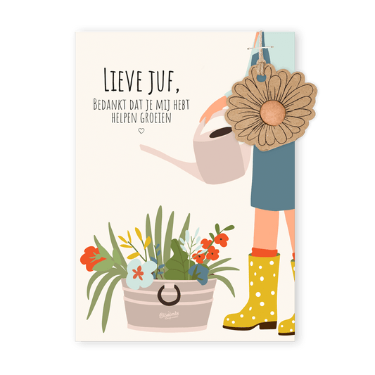 Kaart "Lieve juf" met bloemhanger en bloembommetje
