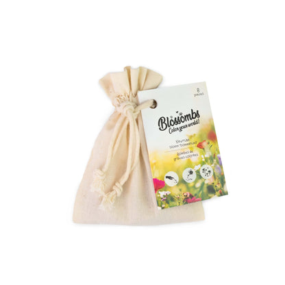 Katoenen zakje met Blossombs zaadbommetjes: een milieuvriendelijk en stijlvol zakje gevuld met Blossombs zaadbommetjes, perfect als cadeau of decoratie.
