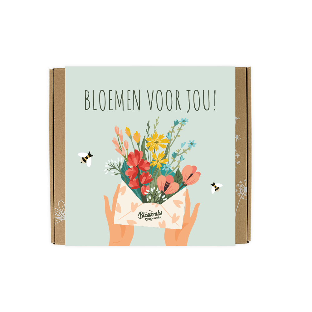 Giftbox met Blossombs Zaadbommetjes. Vrolijke banderol met bloemen en bijen en de tekst: Bloemen voor jou!