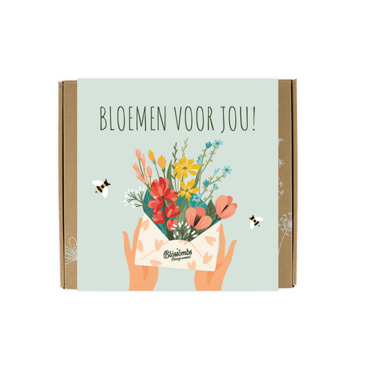 Giftbox met Blossombs Zaadbommetjes. Vrolijke banderol met bloemen en bijen en de tekst: Bloemen voor jou!