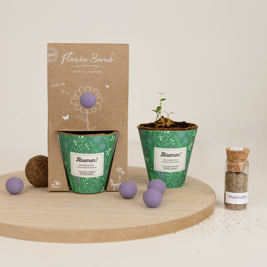 Grow kit "Bloemen!" met Laagbloeiende Mix Zaadbommetje