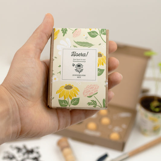 Gift Box Mini "Hoera!" met 4 Zonnebloem Mix Zaadbommetjes